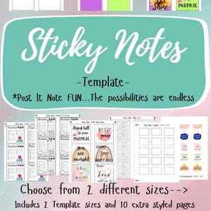 May include: A collection of sticky note templates with various designs and sizes. The image features templates with numbered sections, colorful blocks, and pre-designed layouts for teachers and students. Text includes "Sticky Notes," "Template," and inspirational phrases.