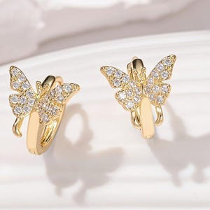 Minimalist Pave CZ Butterfly Hoop Earrings | Gold-Plated Huggie Hoops | Elegant Dainty Jewelry | Christmas Gift for Her