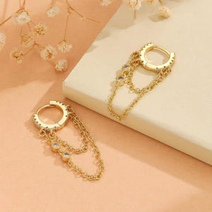 Gold Hoop Earrings with Chain Drop • Dainty Minimalist Hoops for Women • Lightweight Gold Earrings • Elegant Everyday Jewelry Gift