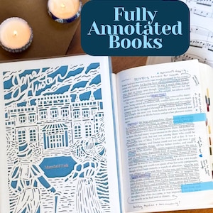 May include: An open book with annotations and blue sticky notes, next to a book cover with a cutout design of a couple and the text "Jane Austen". The text "Fully Annotated Books" is on a blue background. Two candles are in the background.