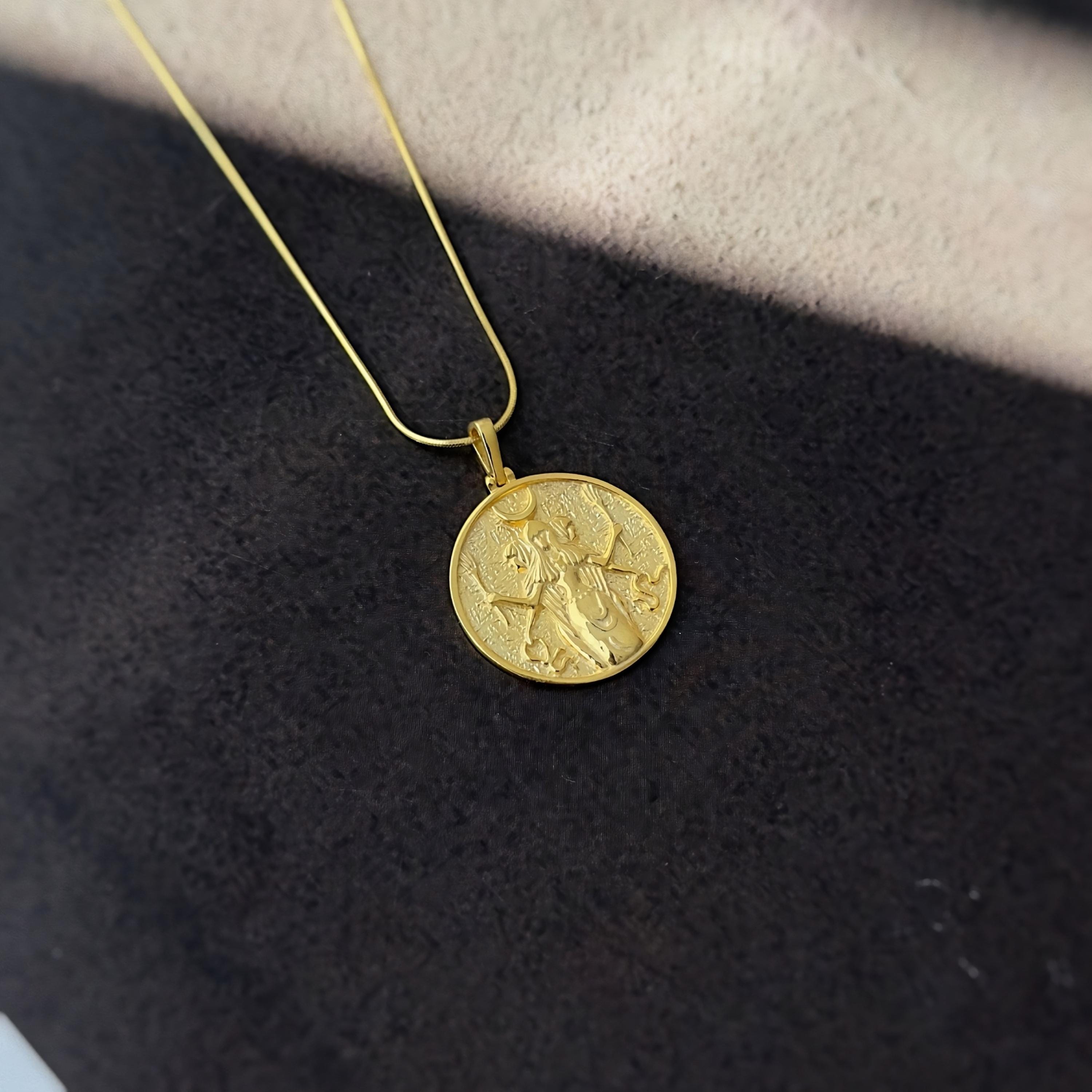 Hecate Necklace | Gold Triple Goddess Coin Pendant with Snake Symbols – Greek Mythology Talisman Gift