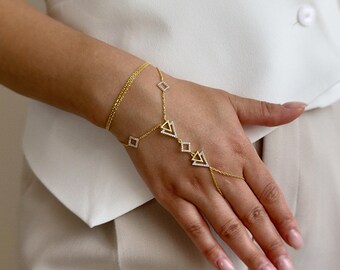 Geometric Bridal Hand Chain | Gold Plated 925 Sterling Silver | Boho Wedding Slave Bracelet | Triangle Square Dainty Gift for Her
