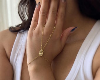 Hamsa Evil Eye Hand Chain Bracelet | Gold Plated 925 Sterling Silver Turkish Shahmaran | Protective Boho Slave Bridal Chain, Gift for Her