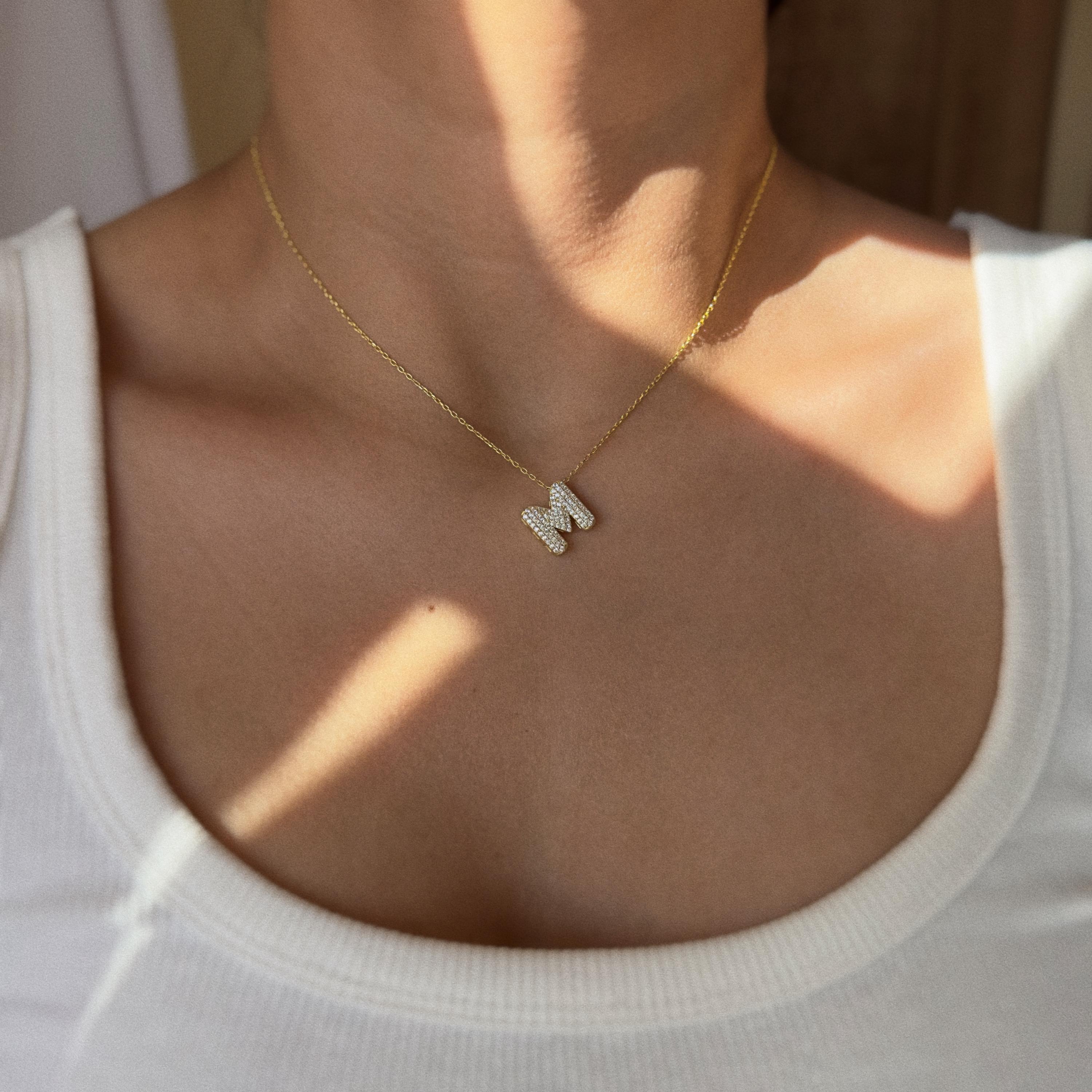 Pave Bubble Diamond Initial Necklace A-Z, Bubble Letter