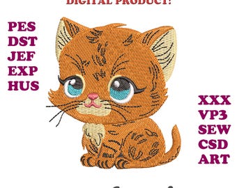Disegno per ricamo a macchina di un simpatico gattino, 10 misure (file digitale)