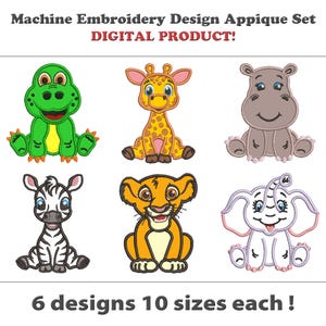 Puede incluir: Conjunto de 6 diseños de bordado a máquina con animales de dibujos animados: un dinosaurio verde, una jirafa amarilla, un hipopótamo gris, una cebra en blanco y negro, un león naranja y un elefante blanco. Cada diseño está disponible en 10 tamaños.