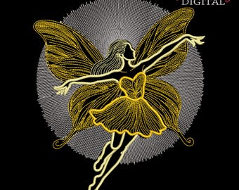 May include: A gold embroidery design of a fairy with wings, wearing a dress and flying in a circle of white embroidery.