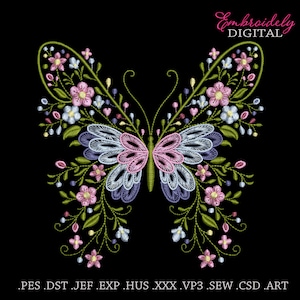 Op de afbeelding: Een kleurrijk vlinderontwerp met bloemaccenten, geborduurd op een zwarte achtergrond. De vlinder heeft roze, blauwe en paarse vleugels met ingewikkelde details. De afbeelding bevat de tekst "Embroiderly DIGITAL" en bestandsextensies.