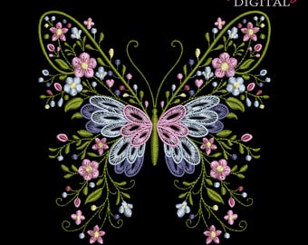 Floral Butterfly Embroidery Design, Botanical Nature Garden Pattern, Color Palettes Styles Digital File, 10 Sizes PES DST JEF etc