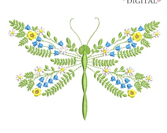 Floral Dragonfly Machine Embroidery Design / Wildflower Silhouette Pattern / Botanical Spring Meadow Insect / 10 Sizes (PES, DST, JEF, etc.)
