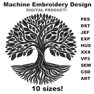 May include: Black and white machine embroidery design of a tree with roots. The design is available in 10 sizes and in the following formats: PES, DST, JEF, EXP, HUS, XXX, VP3, SEW, CSD, ART.