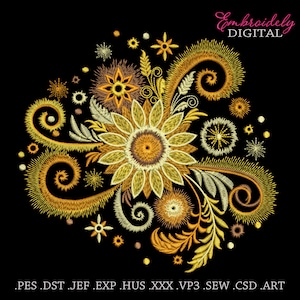 May include: Embroidered design featuring a large yellow sunflower with brown center, surrounded by smaller yellow flowers and swirling vines. The design is on a black background.