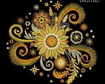 Gold Sunflower Machine Embroidery Design: Magic Solar Pattern, 10 Sizes (Digital File)