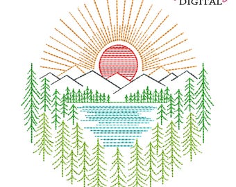 Forest Lake Embroidery Design: Nature Scene (PES, 10 Sizes) (Digital File)