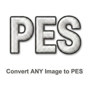 Op de afbeelding: De letters P, E en S zijn weergegeven in een witte, getextureerde borduurstijl met dikke zwarte omlijningen. Onder de grote letters staat de tekst: Convert ANY Image to PES. Het ontwerp heeft een strakke, contrastrijke uitstraling.