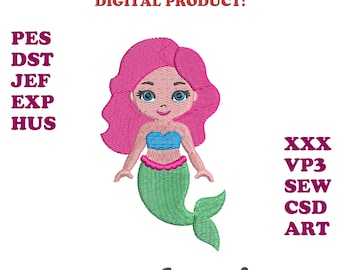 Diseño de bordado a máquina de sirena, niña adorable, 10 tamaños (archivo digital)