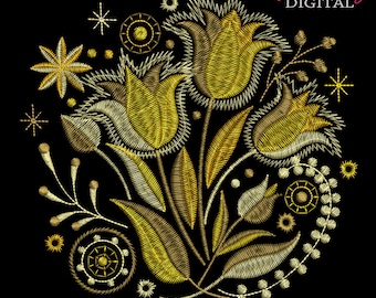 Gold Tulpen Maschinenstickerei: Magische Blumen (10 Größen) (Digitale Datei)
