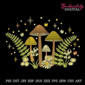 May include: An embroidered design featuring a cluster of mushrooms in shades of brown and yellow, surrounded by ferns, daisies, butterflies, and stars, all set against a black background. The text "Embroiderly DIGITAL" is in the upper right corner.