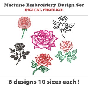 6 本のバラのセット刺繍デザイン、6 本のバラのセット、花のセット機械刺繍ファイル、デジタル ダウンロード、各 10 サイズ、即時ダウンロード