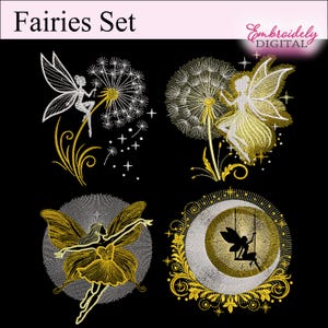 May include: A set of four embroidery designs featuring fairies with dandelion and moon motifs. The designs are in gold and white on a black background.