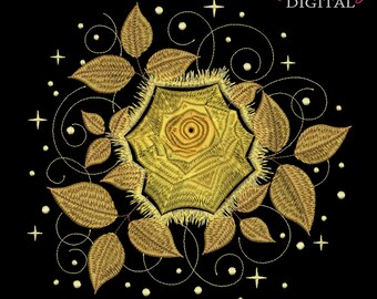 Disegno da ricamo Mandala Rosa Dorata: Elegante motivo floreale (DST, PES)