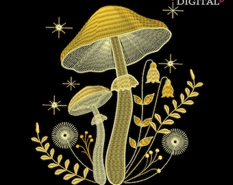 Gold Magic Mushrooms Embroidery Design: 10 Sizes (Instant Download)