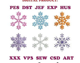 May include: Set of six snowflake embroidery designs in various colors, including pink, blue, orange, purple, gray, and blue. The designs are available in 10 sizes and in the following formats: PES, DST, JEF, EXP, and HUS.  The text "Machine Embroidery Design Set" and "Digital Product!" is at the top of the image. The text "XXX VP3 SEW CSD ART" and "10 sizes!" is at the bottom of the image.