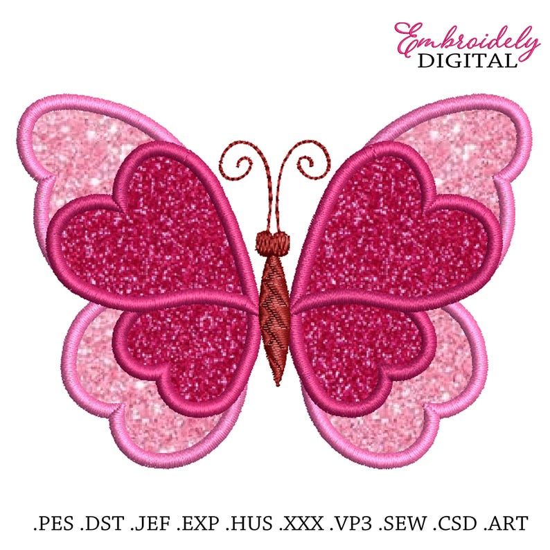 Peut inclure: Broderie de papillon rose et rouge paillet&eacute; avec des ailes en forme de c&oelig;ur.  .PES .DST .JEF .EXP .HUS .XXX .VP3 .SEW .CSD .ART
