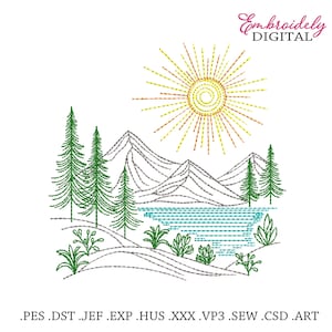 May include: Machine embroidery design of a mountain landscape with a lake, trees, and a sun with rays. The design is in shades of green, blue, and yellow.