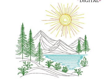 Nature Landscape Embroidery Design: Forest, Lake, Mountains, Sun (Digital File)