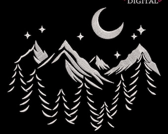 Ricamo mistico di luna e montagna – Paesaggio notturno a filo singolo, file per ricamo a macchina digitale, 10 misure