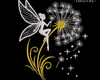 Fairy on Dandelion Machine Embroidery Design: Gold Accents, 10 Sizes (Instant Download)