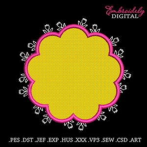 May include: A yellow embroidery design with a pink outline and white flower accents. The design is shaped like a flower with multiple rounded petals.