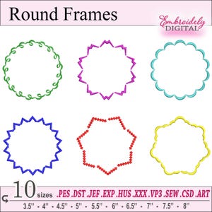 以下が含まれることがあります： さまざまな色とスタイルの10個の丸い刺繍枠のセット。フレームは3.5インチから8インチのサイズでご利用いただけます。含まれるファイル形式は、PES、DST、JEF、EXP、HUS、XXX、VP3、SEW、CSD、ARTです。