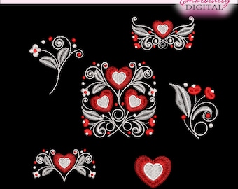 Vintage Hearts & Flowers Embroidery Designs: Set of 6 (Digital Download)