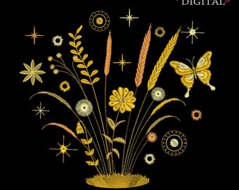 Ricamo a macchina con farfalla e fiori selvatici: motivo floreale celeste (da 4 a 10 pollici, 12 formati) Download digitale