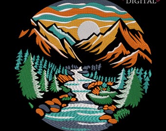 Forest Silhouette Embroidery Design: Pine Trees, Mountains, River (Digital File)