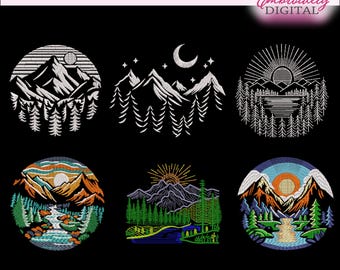 6 pcs set! Nature Embroidery Designs: Mountain Landscape (Digital Download)