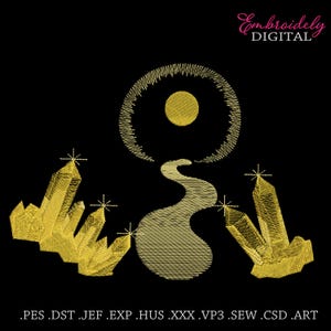 May include: Gold embroidered design on a black background. The design features a sun, a winding path, and crystalline structures. The text "Embroiderly DIGITAL" is in the upper right corner. The bottom of the image lists file formats.