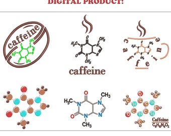 Set di molecole di caffeina, disegni per ricamo a macchina, set di stampe di caffeina da 6, file per ricamo con macchina da caffè, download digitale, 10 misure ciascuno