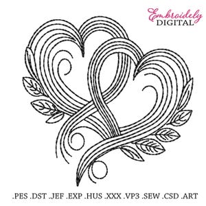 May include: Black and white line art embroidery design of two intertwined hearts with leaves. The design is perfect for creating a romantic or love-themed embroidery project.