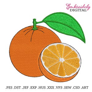 May include: An embroidery design of an orange with a green leaf. The orange is cut in half, showing the inside of the fruit.