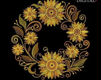 Sonnenblumen-Kranz Maschinenstickerei: Goldenes Blumenmuster (Digitaler Download)