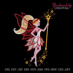 Puede incluir: Diseño bordado de un hada con un vestido blanco y rojo, sosteniendo una varita de estrella dorada. El hada tiene cabello rubio y alas rojas con detalles dorados. El texto "Embroiderly DIGITAL" está en la esquina superior derecha. La imagen está sobre un fondo negro.
