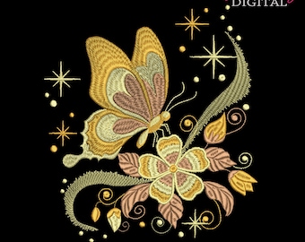 Gold Butterfly Embroidery Design: Floral Machine Embroidery File (10 Sizes)