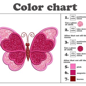Peut inclure: Nuance de couleurs pour un motif de broderie repr&eacute;sentant un papillon rose aux ailes en forme de c&oelig;ur. Le tableau montre les &eacute;tapes de la broderie du papillon en utilisant diff&eacute;rentes couleurs de fils, notamment le rose, le magenta et le marron.