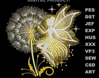 Dandelion Fairy Machine Embroidery Design: Gold Embroidery Files (Digital Download)