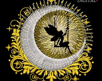 Diseño de bordado de hada en la luna: 10 tamaños (descarga digital)