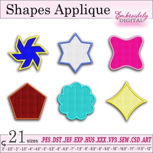 Könnte beinhalten: Ein Set mit 21 Stickmustern, die verschiedene Formen zeigen, darunter einen Stern, eine Blume, einen Diamanten, ein Fünfeck und einen Wirbel. Die Designs sind in verschiedenen Größen von 5 cm bis 30 cm erhältlich und eignen sich perfekt für die Erstellung einzigartiger Applikationen für Kleidung, Wohnaccessoires und mehr.