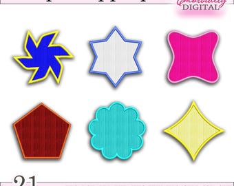 Disegni per ricamo a macchina con applicazioni di forme: girandola, fiore, pentagono (file digitale)